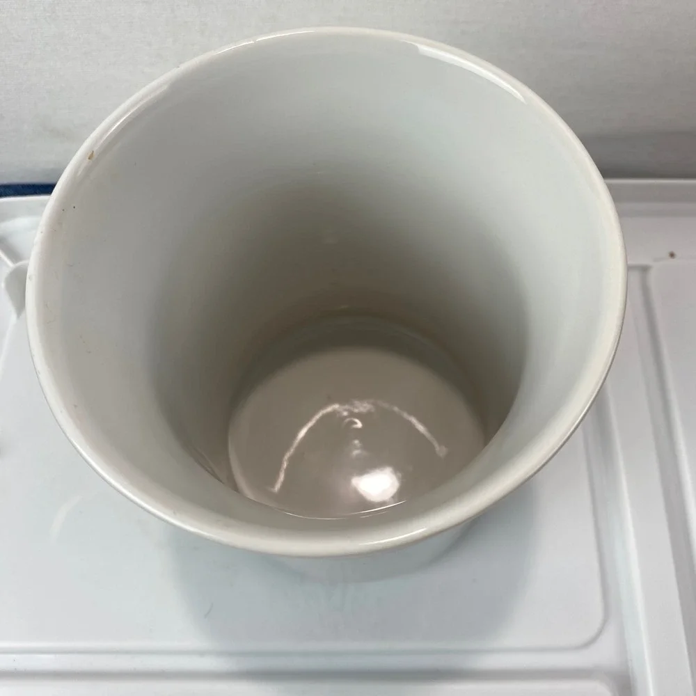 Le Creuset White Stoneware Canister Clear Glass Lid Tool Crock 7in